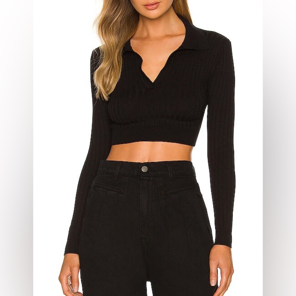 Collared Black Ribbed Long Sleeve Crop Top